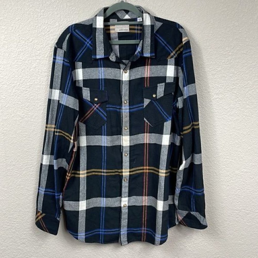 Public Opinion Plaid Flannel Snap Front Shirt Long Sleeve Black White Sz XL